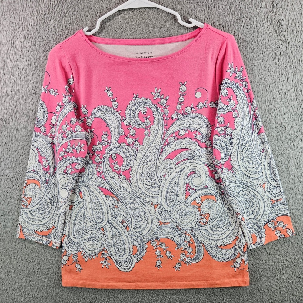 Talbots Womens Size S Pink Paisley 3/4 Sleeve Cotton Spandex Tee Shirt